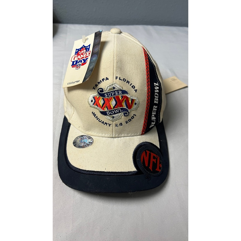 Vintage 2001 NFL Super Bowl XXXV Logo Athletic Hat Tampa Florida NWT Cream Navy
